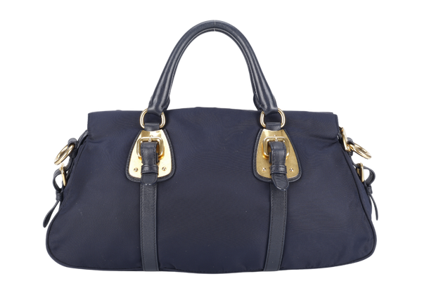 PRADA BN1903 TESSUTO MEDIUM NAVY NYLON 2WAYS BAG GOLD HARDWARE WITH STRAPS NO DUST COVER