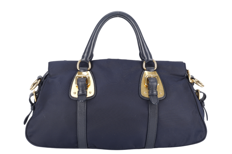 PRADA BN1903 TESSUTO MEDIUM NAVY NYLON 2WAYS BAG GOLD HARDWARE WITH STRAPS NO DUST COVER