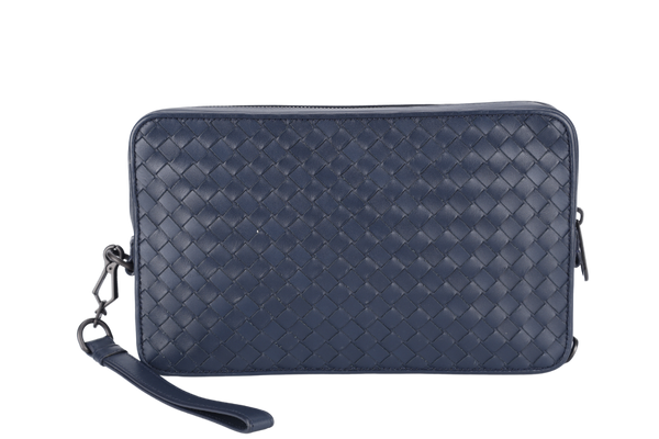 BOTTEGA VENETA WRISTLET CLUTCH BLUE INTRECIATO LEATHER BLACK HARDWARE NO DUST COVER