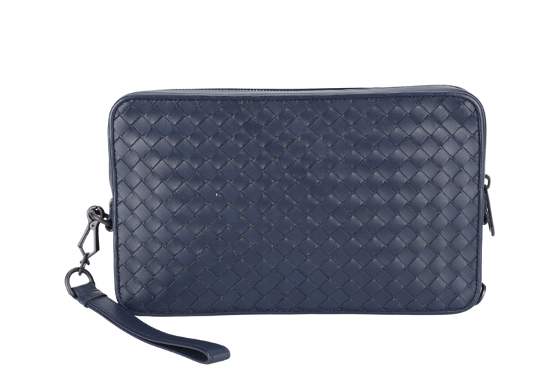 BOTTEGA VENETA WRISTLET CLUTCH BLUE INTRECIATO LEATHER BLACK HARDWARE NO DUST COVER