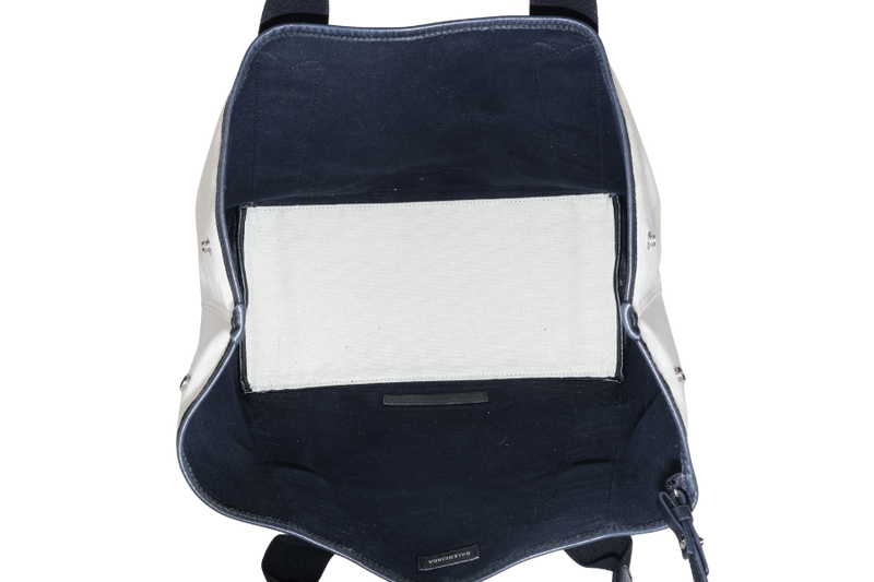 BALENCIAGA WHITE NAVY BLACK CALFSKIN LEATHER CABAS M PONY STYLE TOTE BAG SILVER HARDWARE WITH DUST COVER AND MINI BAG
