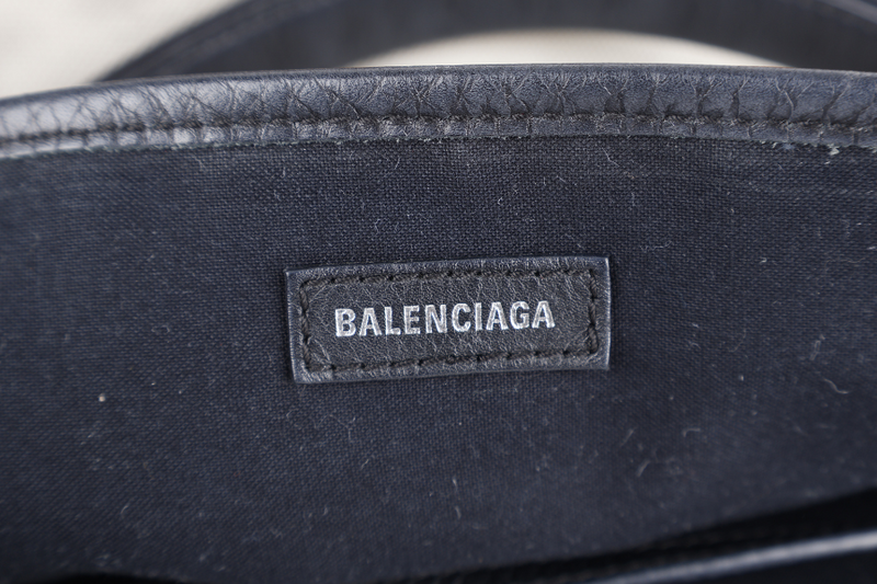 BALENCIAGA WHITE NAVY BLACK CALFSKIN LEATHER CABAS M PONY STYLE TOTE BAG SILVER HARDWARE WITH DUST COVER AND MINI BAG