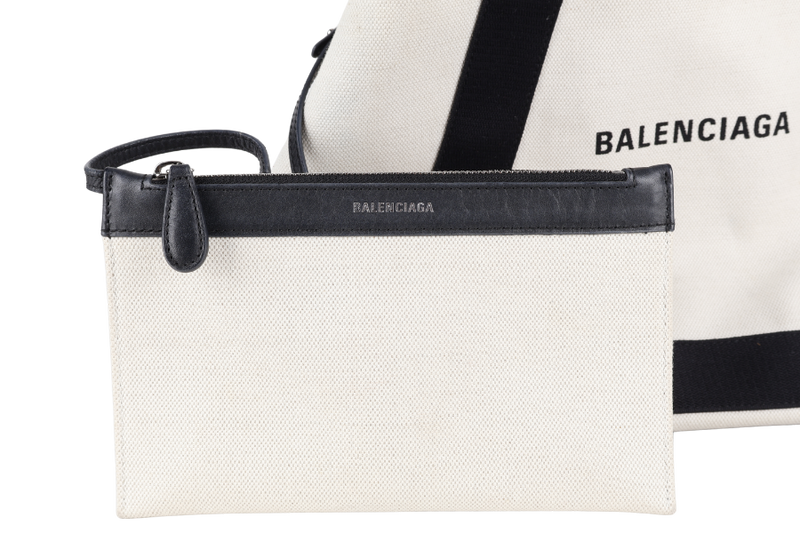 BALENCIAGA WHITE NAVY BLACK CALFSKIN LEATHER CABAS M PONY STYLE TOTE BAG SILVER HARDWARE WITH DUST COVER AND MINI BAG