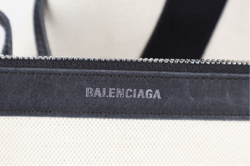 BALENCIAGA WHITE NAVY BLACK CALFSKIN LEATHER CABAS M PONY STYLE TOTE BAG SILVER HARDWARE WITH DUST COVER AND MINI BAG