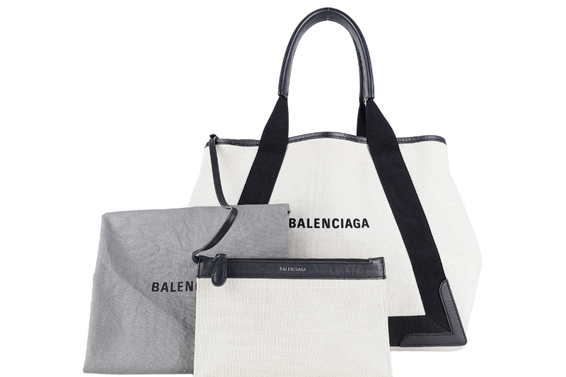 BALENCIAGA WHITE NAVY BLACK CALFSKIN LEATHER CABAS M PONY STYLE TOTE BAG SILVER HARDWARE WITH DUST COVER AND MINI BAG