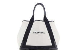 BALENCIAGA WHITE NAVY BLACK CALFSKIN LEATHER CABAS M PONY STYLE TOTE BAG SILVER HARDWARE WITH DUST COVER AND MINI BAG