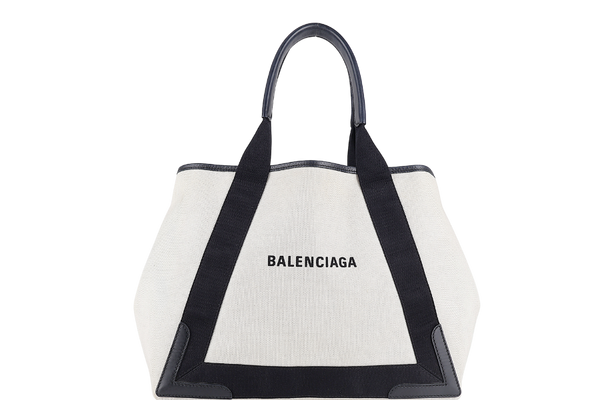 BALENCIAGA WHITE NAVY BLACK CALFSKIN LEATHER CABAS M PONY STYLE TOTE BAG SILVER HARDWARE WITH DUST COVER AND MINI BAG