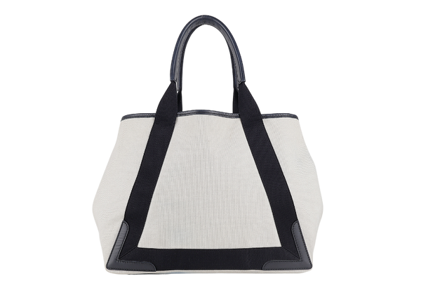 BALENCIAGA WHITE NAVY BLACK CALFSKIN LEATHER CABAS M PONY STYLE TOTE BAG SILVER HARDWARE WITH DUST COVER AND MINI BAG