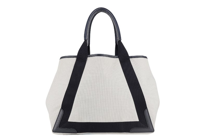 BALENCIAGA WHITE NAVY BLACK CALFSKIN LEATHER CABAS M PONY STYLE TOTE BAG SILVER HARDWARE WITH DUST COVER AND MINI BAG