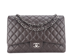 CHANEL CLASSIC FLAP MAXI SINGLE FLAP BROWN CAVIAR SILVER HARDWARE (1401xxxx) WITH CARD, DUST COVER AND BOX