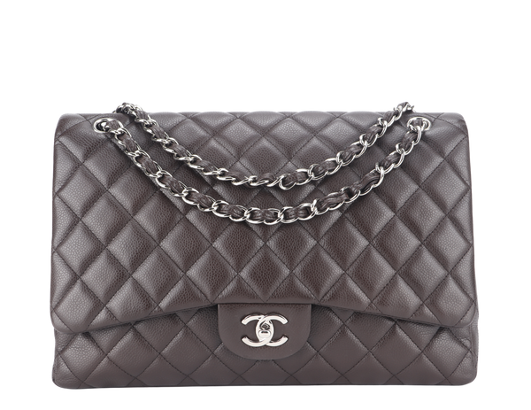 CHANEL CLASSIC FLAP MAXI SINGLE FLAP BROWN CAVIAR SILVER HARDWARE (1401xxxx) WITH CARD, DUST COVER AND BOX