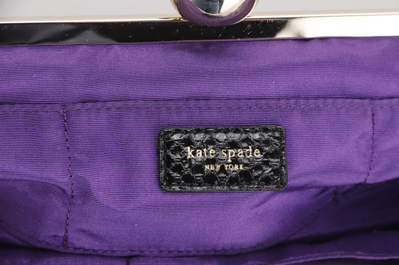 KATE SPADE BLACK SATIN LONG CLUTCH, PURPLE INTERIOR, WITH DUST COVER