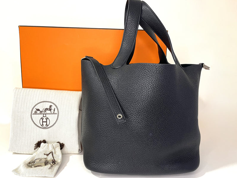HERMES PICOTIN 22CM (STAMP A) BLACK CLEMENCE LEATHER, WITH KEYS, LOCK, DUST COVER & BOX