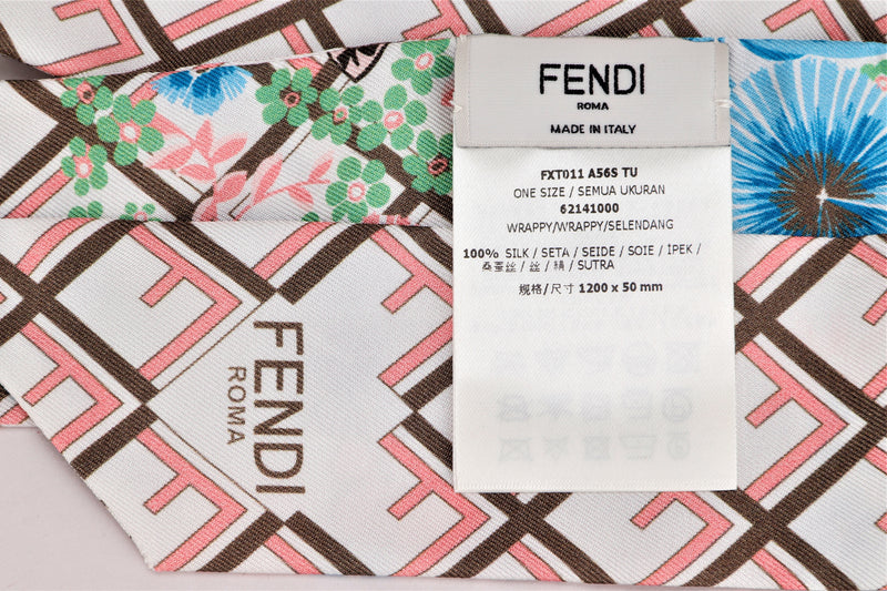 FENDI FXT011 A56STU SILK WRAPPY LIGHT PINK, BLUE, KHAKI, FLORAL PRINTS, 1200 X 50MM, WITH BOX