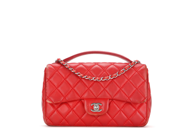 CHANEL CLASSIC FLAP WITH HANDLE (2092xxxx) MEDIUM RED LAMBSKIN SILVER HARDWARE, WITH CARD, NO DUST COVER