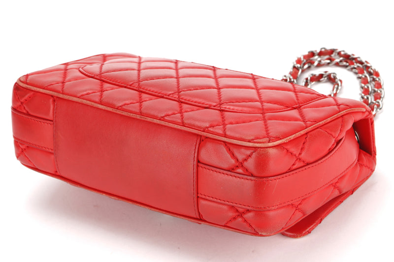 CHANEL CLASSIC FLAP WITH HANDLE (2092xxxx) MEDIUM RED LAMBSKIN SILVER HARDWARE, WITH CARD, NO DUST COVER