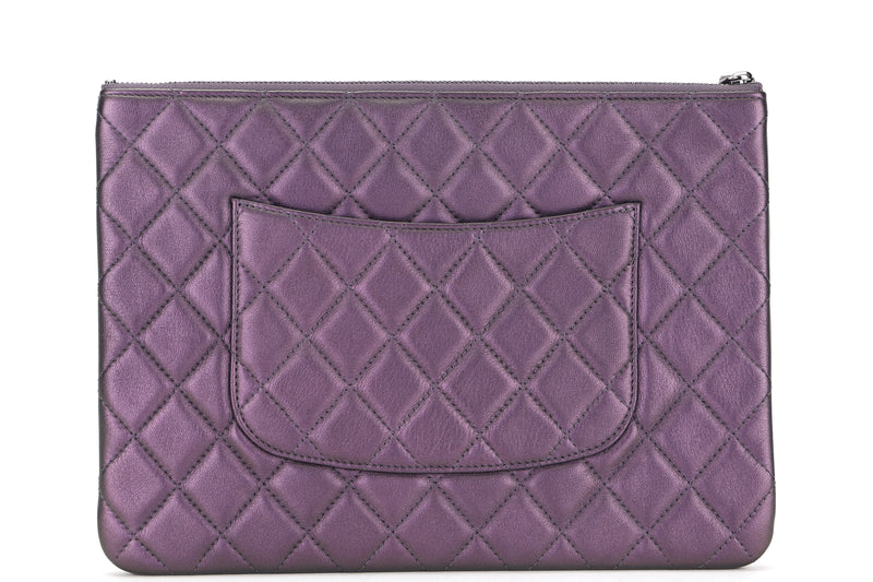CHANEL QUILTED METALLIC PURPLE LAMBSKIN CLUTCH (2411xxxx) SILVER HARDWARE, WITH CARD & DUST COVER