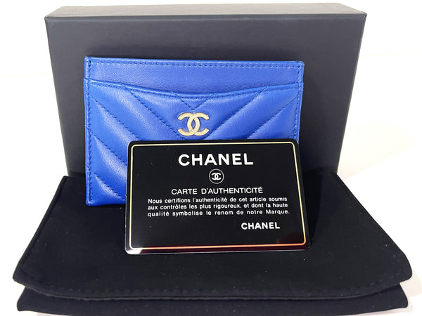 CHANEL BLUE CHEVRON LAMBSKIN CARD HOLDER (2716xxxx) LIGHT GOLD HARDWARE, WITH CARD & BOX