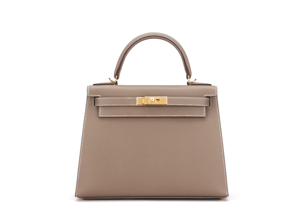 hermes kelly ii 28cm sellier (stamp b) etoupe color epsom leather gold  hardware, with keys, lock, dust cover & box