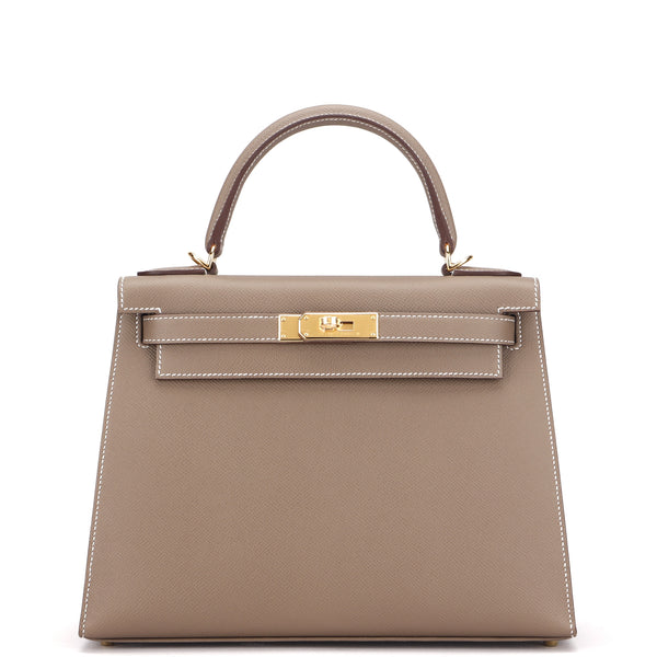 hermes kelly ii 28cm sellier (stamp b) etoupe color epsom leather gold  hardware, with keys, lock, dust cover & box