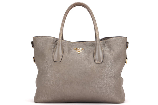 PRADA CALF LEATHER GREY COLOR TOTE BAG, WITH STRAP, NO CARD & DUST COVER