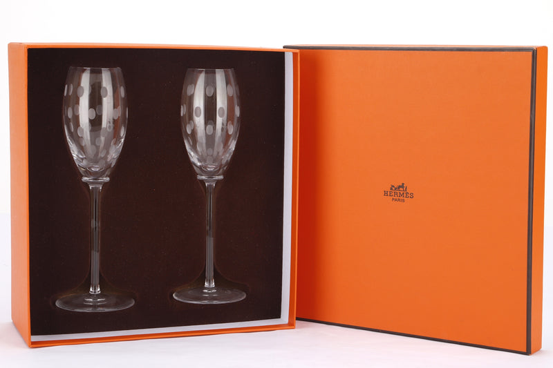 HERMES CHAMPAGNE GLASS SET OF 2 DOTS MOTIF, WITH BOX