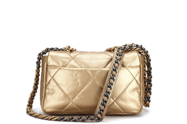 CHANEL 19 FLAP BAG (3054xxxx) SMALL GOLD COLOR LAMBSKIN, GOLD & SILVER TONE (AS1160B03954N8473), WITH CARD & DUST COVER