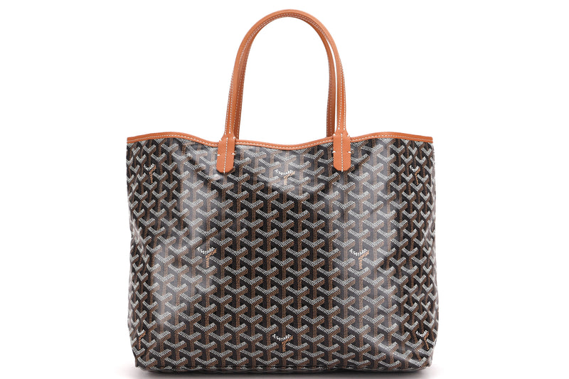 goyard saint louis small tote bag brown canvas brown leather, with