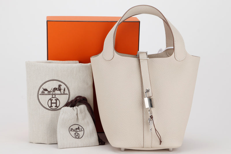 HERMES PICOTIN 18CM (STAMP U) CRAIE COLOR CLEMEMCE LEATHER SILVER HARDWARE, WITH LOCK, KEYS, DUST COVER & BOX