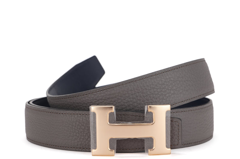 HERMES H BELT ROSE GOLD BUCKLE AND REVERSIBLE BLACK & ETAIN 110CM X 3CM, WITH DUST COVER & BOX