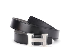 HERMES H BELT SILVER BUCKLE AND REVERSIBLE BLACK & ETAIN 90CM X 3CM, WITH DUST COVER & BOX