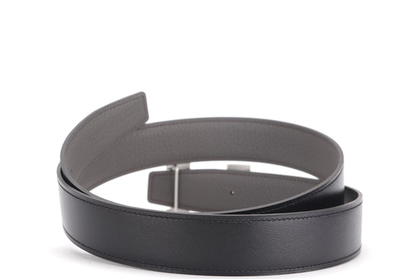 HERMES H BELT SILVER BUCKLE AND REVERSIBLE BLACK & ETAIN 90CM X 3CM, WITH DUST COVER & BOX