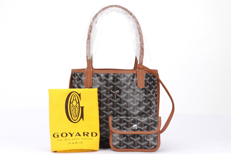 goyard anjou mini tote bag navy leather & navy canvas, with dust