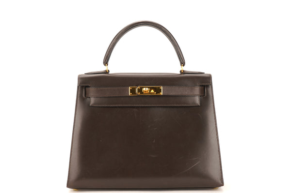 HERMES KELLY SELLIER 28CM (STAMP Y CIRCLE 1995) DARK BROWN BOX LEATHER GOLD HARDWARE, WITH LOCK, KEYS, STRAP & DUST COVER