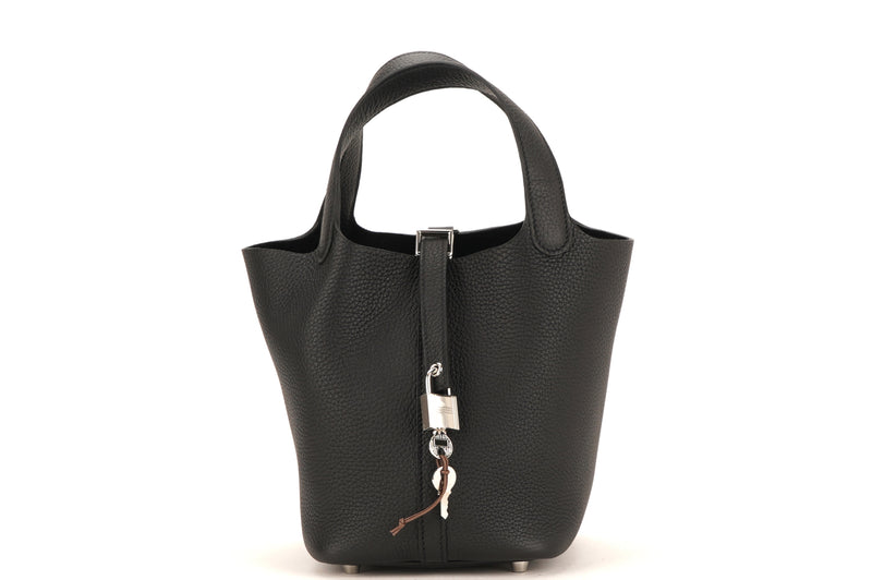 HERMES PICOTIN 18CM (STAMP B) BLACK COLOR CLEMENCE LEATHER SILVER HARDWARE, WITH LOCK, KEYS, DUST COVER & BOX