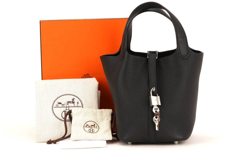 HERMES PICOTIN 18CM (STAMP B) BLACK COLOR CLEMENCE LEATHER SILVER HARDWARE, WITH LOCK, KEYS, DUST COVER & BOX