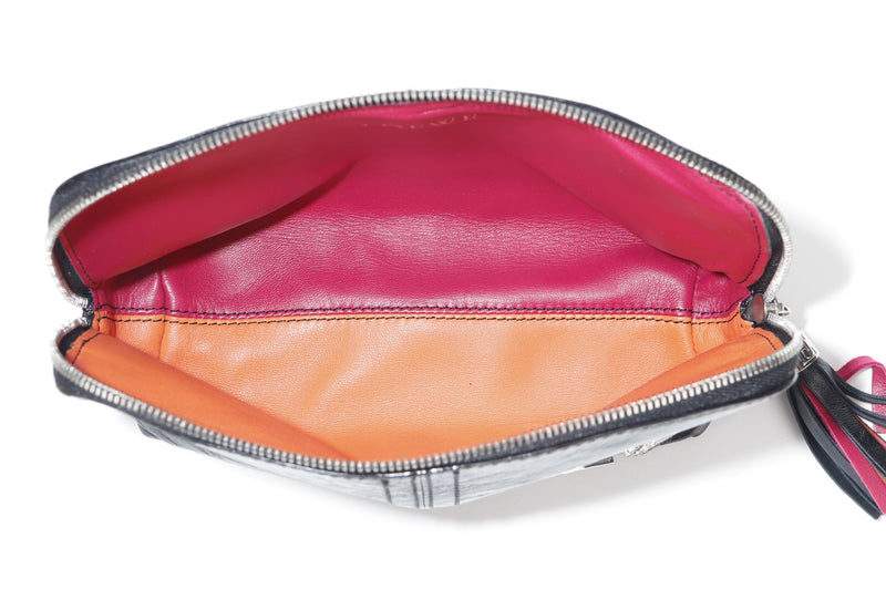LOEWE BLACK SHINY LEATHER POUCH, PINK & ORANGE INTERIOR, TASSEL ZIP, WITH DUST COVER