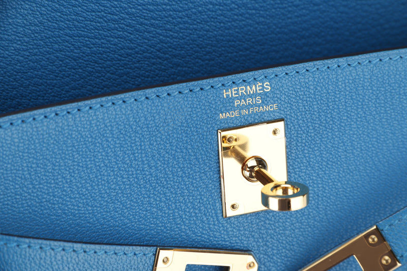 HERMES KELLY 25CM (STAMP C) BLUE ZANZIBAR CHEVRE LEATHER GOLD HARDWARE, WITH KEYS, LOCK, STRAP, RAINCOAT, DUST COVER & BOX
