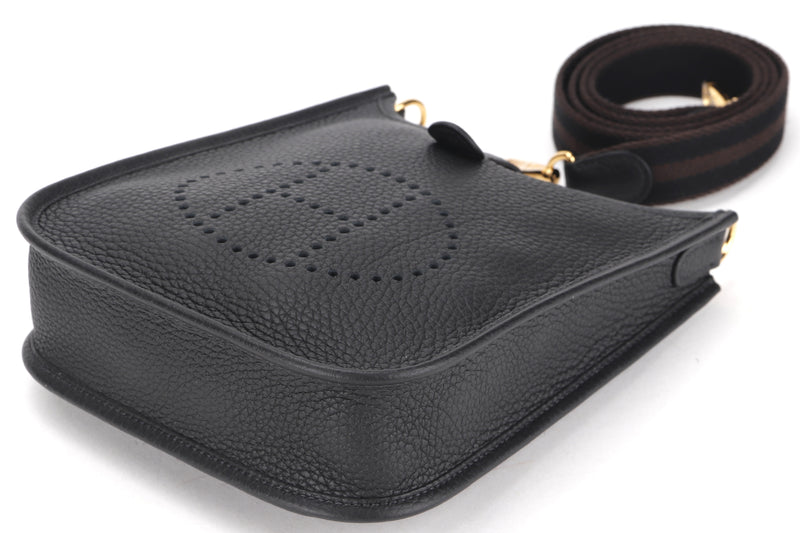 HERMES MINI EVELYNE TPM (STAMP B) BLACK CLEMENCE AMAZONE STRAP GOLD HARDWARE, WITH STRAP, DUST COVER & BOX