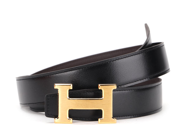 HERMES 100CM BELT BLACK & BROWN BRUSHED GOLD H BUCKLE, WITH DUST COVER ...