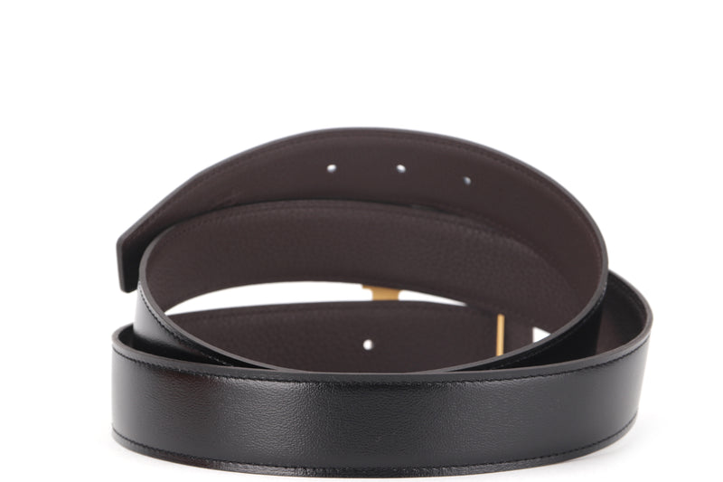 HERMES 100CM BELT BLACK & BROWN BRUSHED GOLD H BUCKLE, WITH DUST COVER & BOX