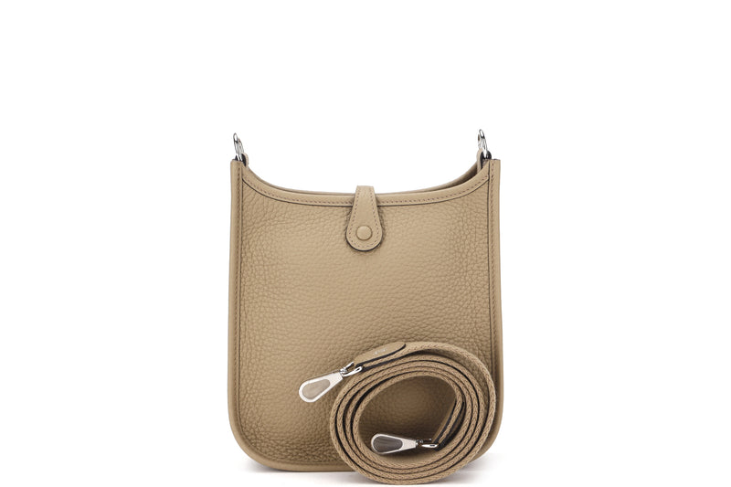 HERMES MINI EVELYNE (STAMP B) BEIGE MARTA COLOR CLEMENCE LEATHER SILVER HARDWARE, WITH DUST COVER & BOX