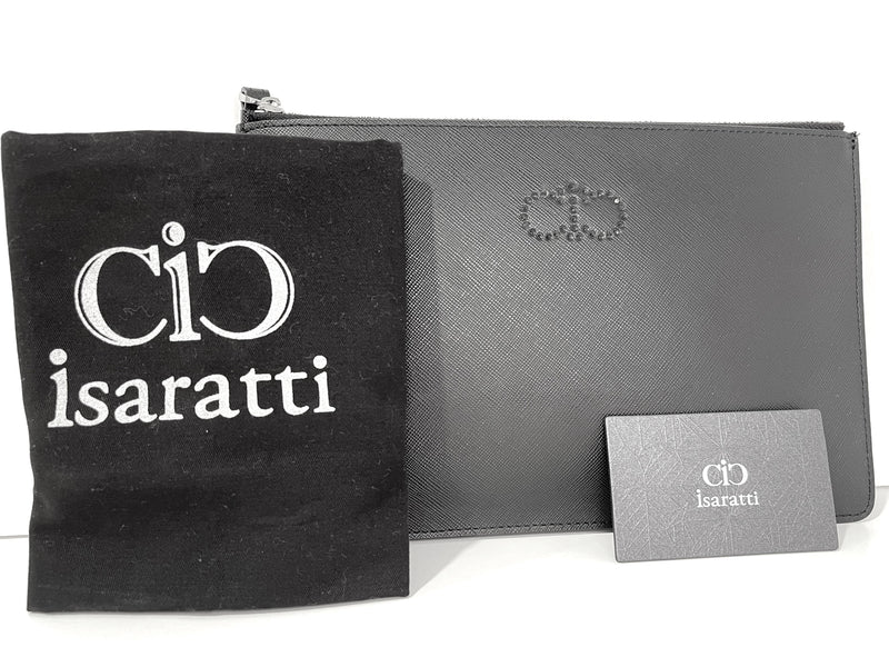 ISARATTI VK26 BLACK SAFFIANO CRYSTAL LOGO ZIPPY CLUTCH, W25CM, WITH CARD & DUST COVER