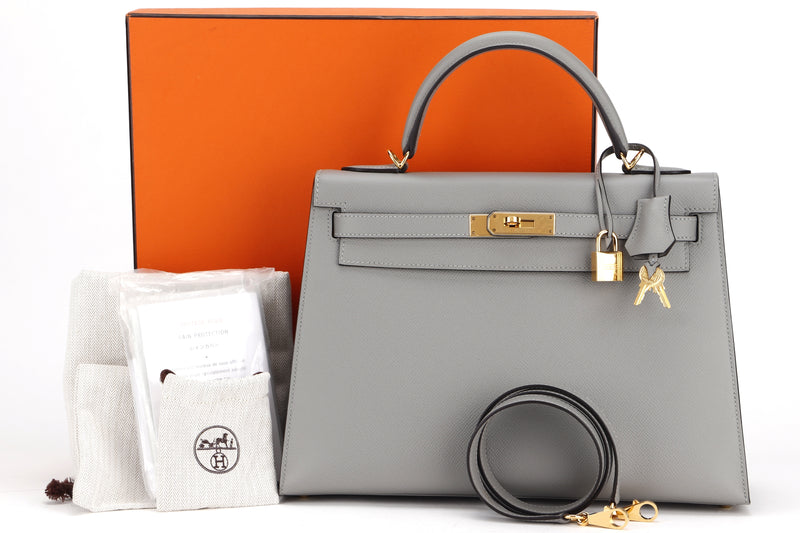 HERMES KELLY 32CM SELLIER (STAMP X) GRIS MOUETTE EPSOM LEATHER GOLD HARDWARE, WITH STRAP, LOCK, KEYS, RAINCOAT, DUST COVER & BOX