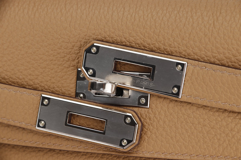 HERMES KELLY 28CM (STAMP U) BISCUIT COLOR TOGO LEATHER SILVER HARDWARE, WITH STRAP, LOCK, KEYS, RAINCOAT, DUST COVER & BOX
