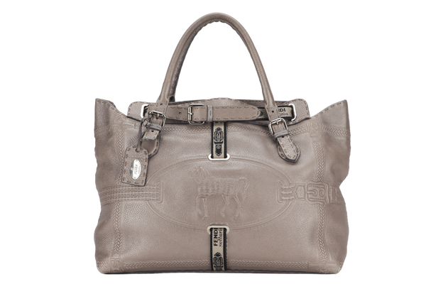 FENDI GRAND BORGHESE GREY COLOR LEATHER VILLA SELLERIA TOTE BAG WITH DUST COVER