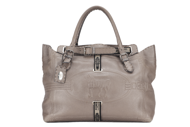 FENDI GRAND BORGHESE GREY COLOR LEATHER VILLA SELLERIA TOTE BAG WITH DUST COVER