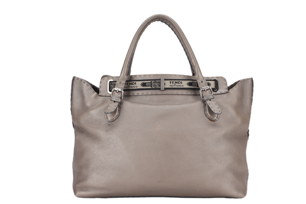 FENDI GRAND BORGHESE GREY COLOR LEATHER VILLA SELLERIA TOTE BAG WITH DUST COVER