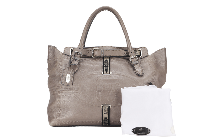 FENDI GRAND BORGHESE GREY COLOR LEATHER VILLA SELLERIA TOTE BAG WITH DUST COVER