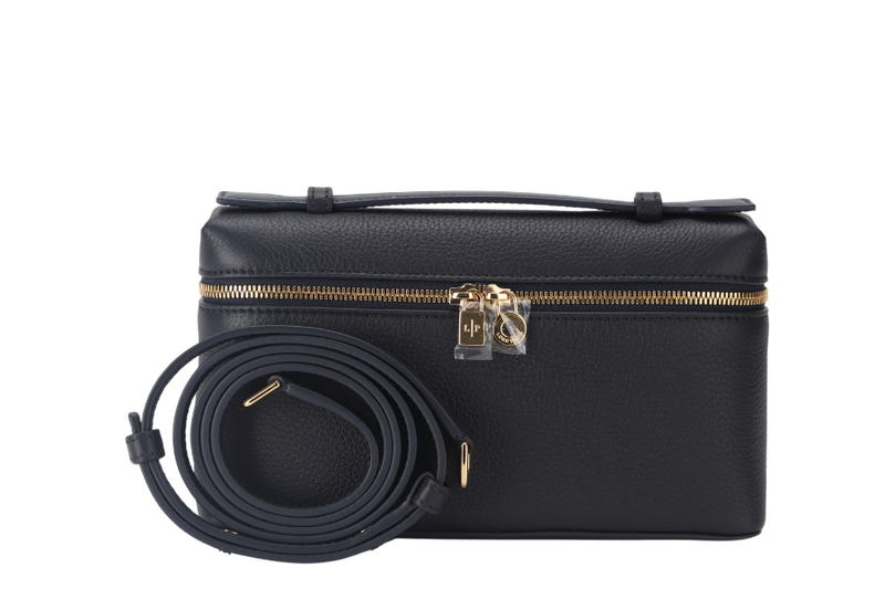 LORO PIANA EXTRA POCKET L19 BLUE BLACK COLOR CALFSKIN GOLD HARDWARE WITH STRAP, DUST COVER AND BOX
